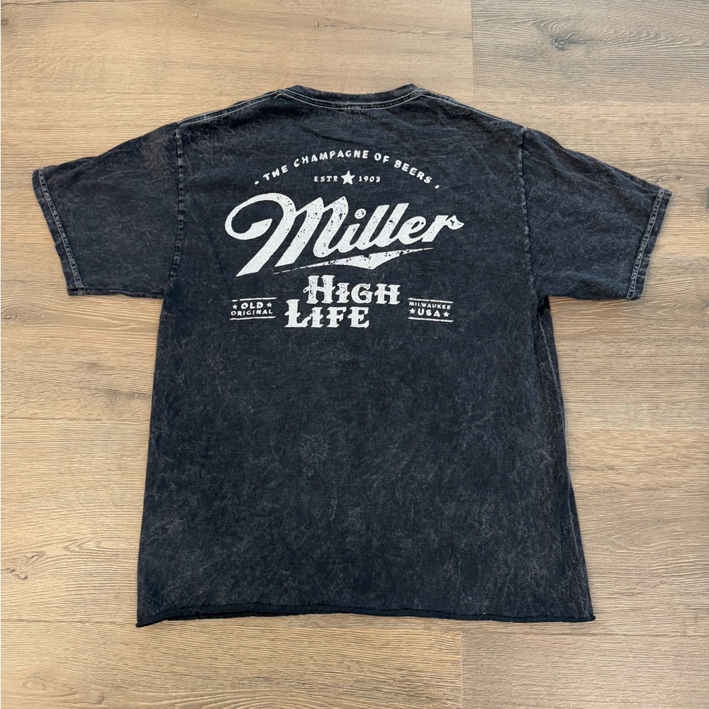 Miller Lite High Life Washed Vintage Black Distressed Cropped Short Sleeve Shirt